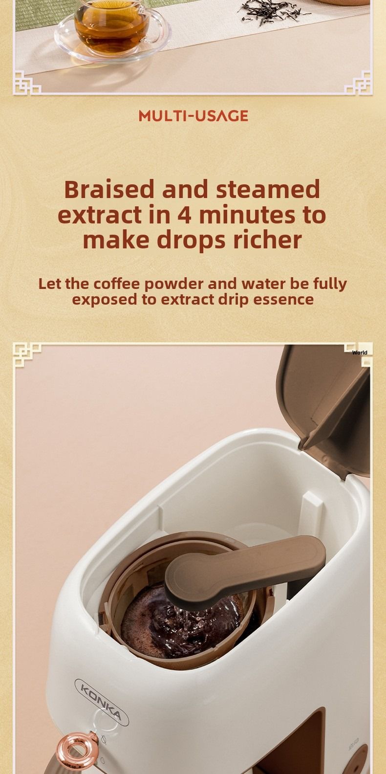 Konka kaffemaskin, helautomatisk bärbar kaffemaskin för hemmabruk, tebryggning, mini amerikansk droppkaffemaskin, present_voghion.com