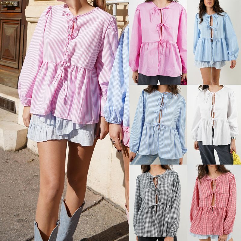 Abbigliamento da donna, nuova camicia a maniche lunghe a sbuffo con fiocco, tinta unita, a righe e a quadri_voghion.com