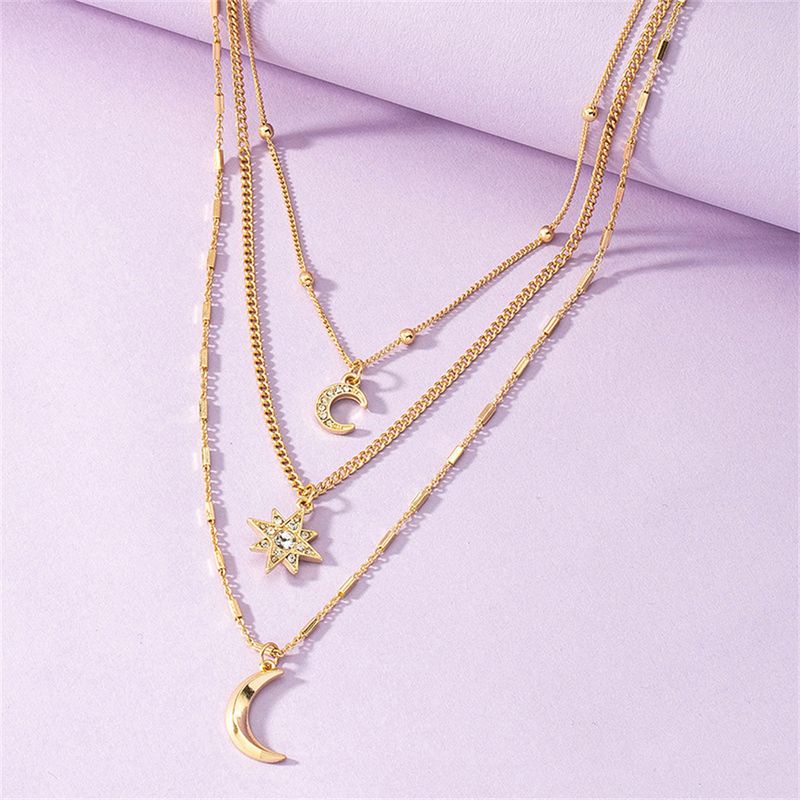 Boho Goud-plate Geometrische Ketting Kristal Maan Zon Hanger Ketting Voor Vrouwen Mode Vintage Multilevel Metalen Sieraden_voghion.com