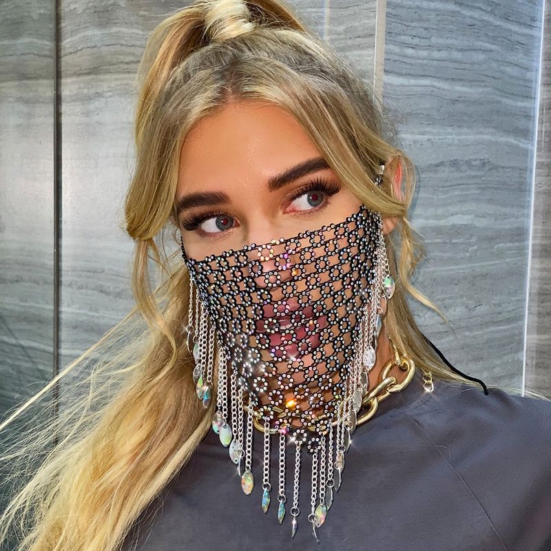 Patchwork With Accessories Sparkling Rhinestone Tassel Face Mask LBZ1254_voghion.com