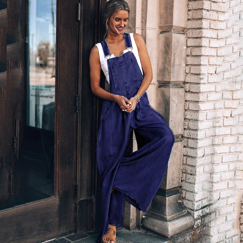 yeni kadın gevşek yan cep kolsuz denim tulum_voghion.com