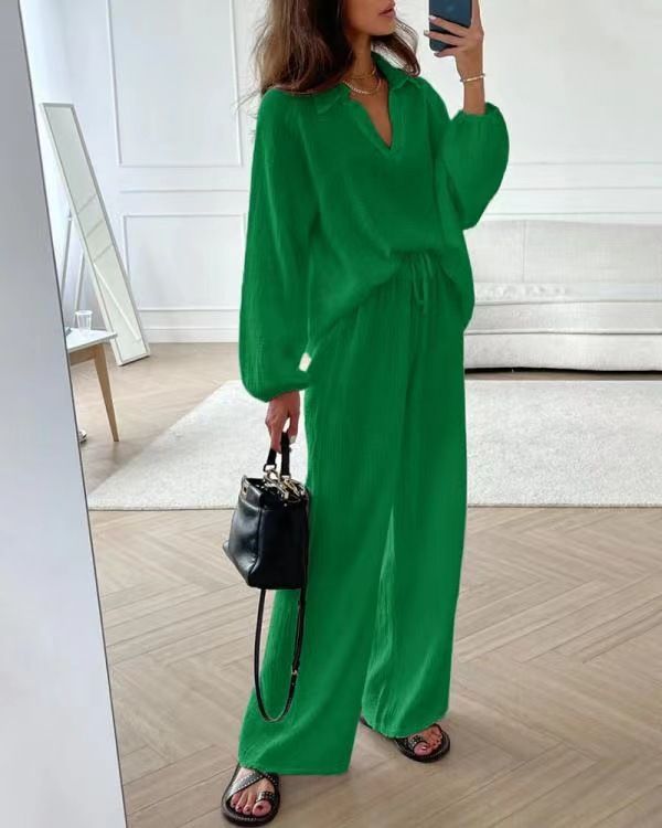 Completo da donna in cotone e lino, cardigan, maglia a maniche lunghe, pantaloni a gamba larga e tasche, completo due pezzi_voghion.com