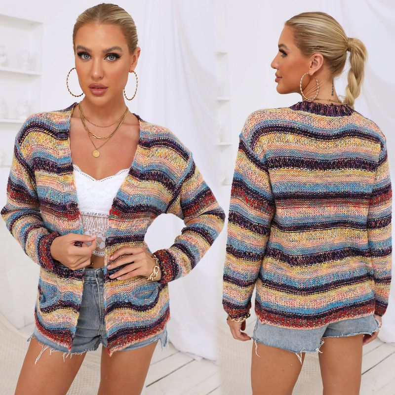 Women's Clothing Women's Tops Cross Border Mixed Color Striped Woven Warm Coat Double Pocket Buttonless Sweater Cardigan_voghion.com