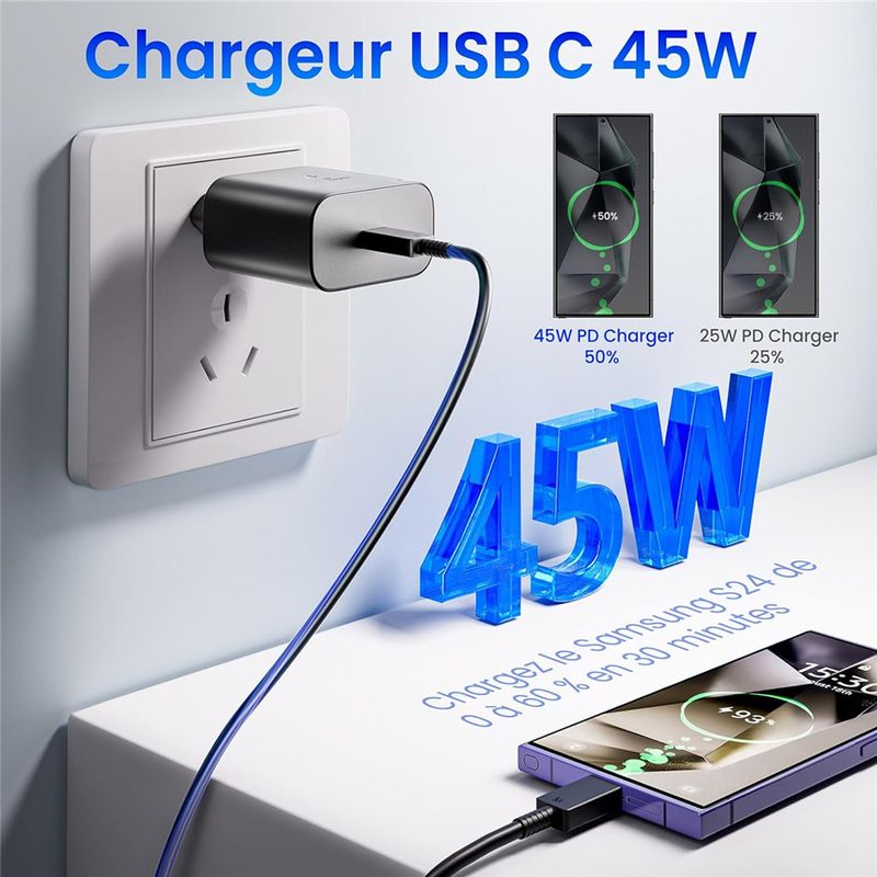 45W 5A Super Fast PD Charger For Samsung S21 S22 FE S23 S24 S25 Ultra A34 A52 A53 A54 A73 Type-C To USB-C Rapid Charging_voghion.com