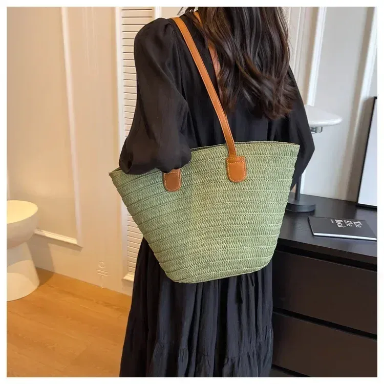 Borsa a tracolla portatile grande in paglia intrecciata con manico superiore da donna, borsa estiva da spiaggia, borsa shopper_voghion.com