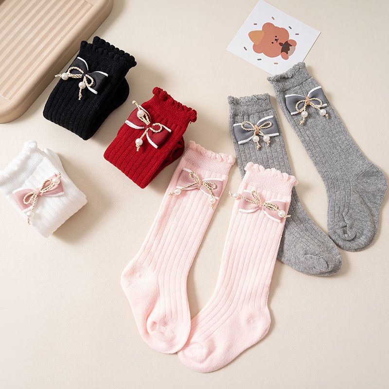 Mother & Kids Stacked Socks Solid Color Double Needle Calf Socks Girls Baby Autumn and Winter Vertical Striped Bowknot Middle Tube Socks Wholesale_voghion.com