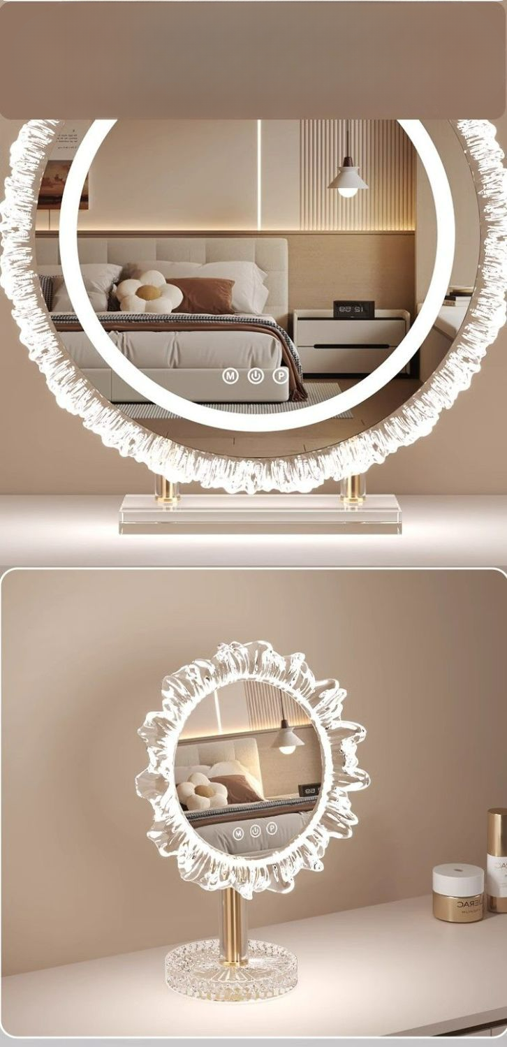 【 Collezione 2721 People 】 Specchio da toeletta da tavolo per camera da letto con base in acrilico a forma di girasole, luminoso a LED_voghion.com