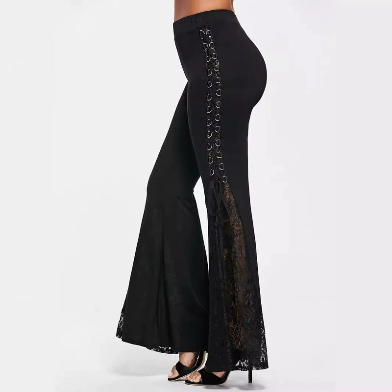 Gothic Punk High Waist Flared Pants For Women - Stretch Lace-Up Bell Bottom Trousers With Wide Leg, Retro Dark Aesthetic Casual Wear_voghion.com