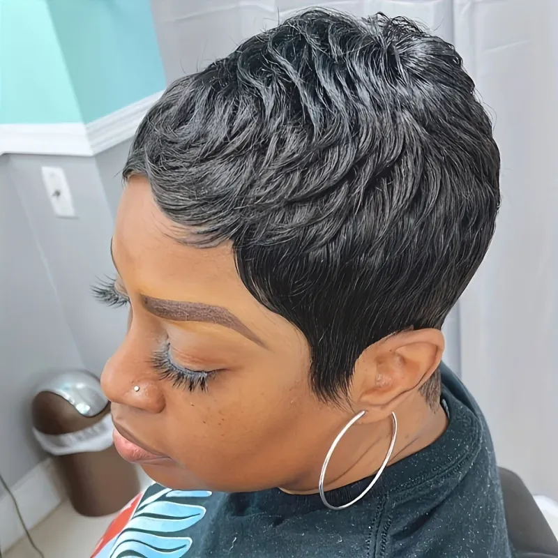 Kurze, glatte Pixie-Perücke aus Echthaar für Frauen, 150 % Dichte, 10,2 cm_voghion.com