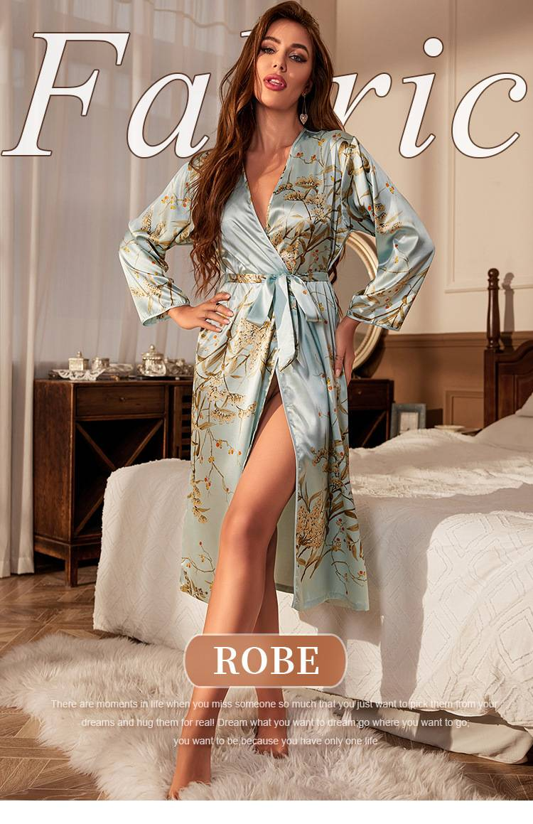 Bedrukt nachthemd met lange mouwen, sexy nachthemd voor dames met stropdas, eenvoudige pyjama in vest-stijl, badjas van ijszijde._voghion.com