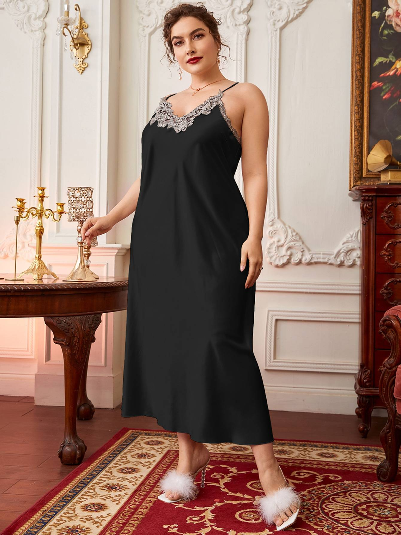 Plus-size pajama slip dress, thin and fashionable lace-trimmed nightgown, long silk-like casual loungewear._voghion.com