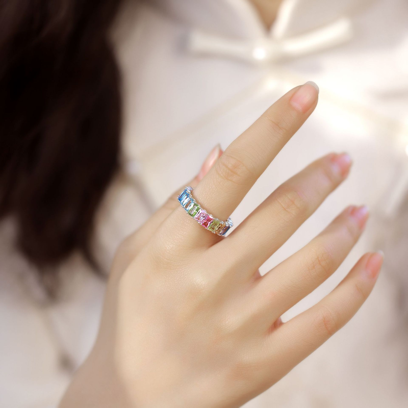 Rainbow zircon ring female S925 silver single row inlaid colored gemstone ring light luxury fashion_voghion.com