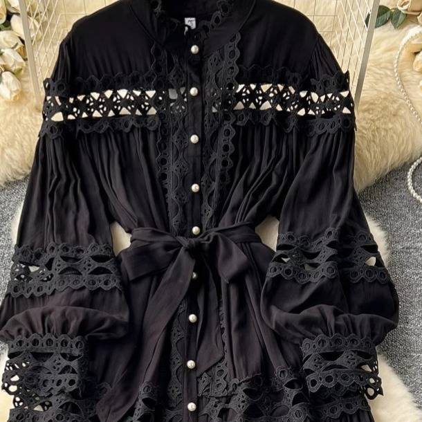 Opulent Baroque Lace Dress – High Neck Bell Sleeve Gown With Corset Waist & Dramatic A-Line Skirt (M/L, French Vintage Inspired, Formal Evening Wear)_voghion.com