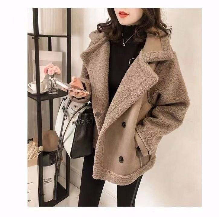 Damenbekleidung Kunstlammfelljacke Winter Gemütliche Oberbekleidung mit Fleecefutter Kurze Bomberjacke Für Kleine Bis Große Größen_voghion.com