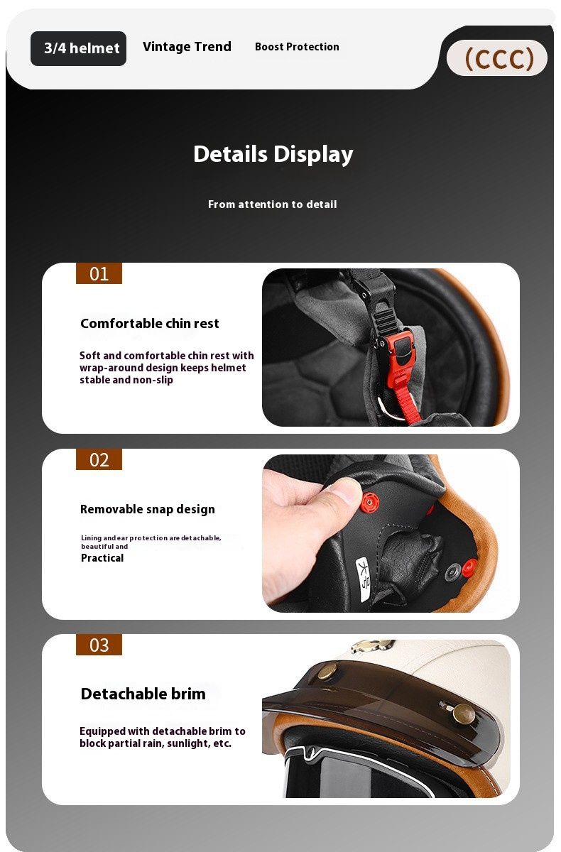 Certyfikowany kask motocyklowy 3C Retro 3/4 z Bluetooth – Prawdziwy skórzany kask z PU do skuterów i cruiserów – Styl vintage dla mężczyzn i kobiet_voghion.com