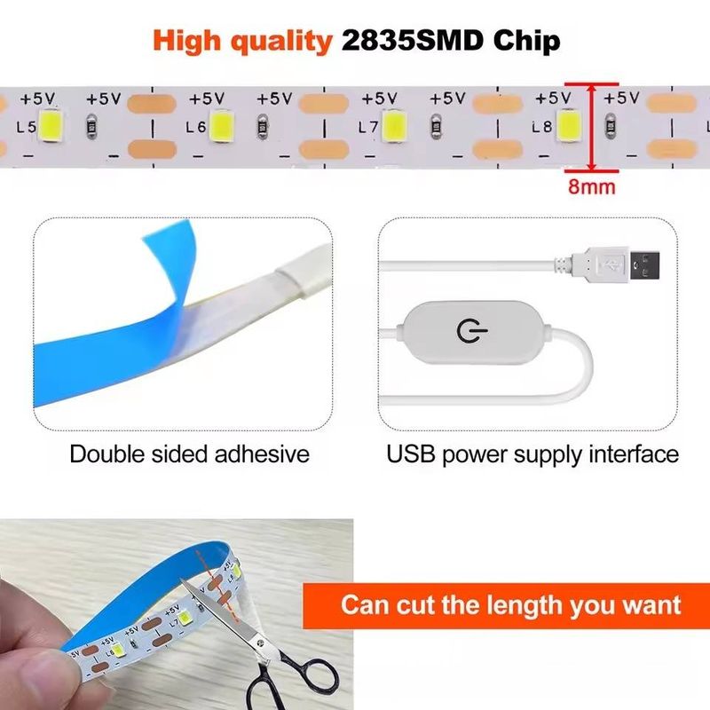 Tira de luces LED regulables por USB de 5 V, luz flexible de un solo color SMD 2835 para retroiluminación de TV, dormitorio y cocina, control táctil (1 m/2 m/3 m/4 m/5 m)_voghion.com
