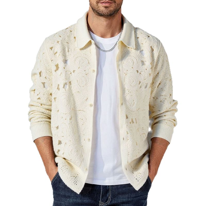 Men's Casual Openwork Knit Cardigan - Long Sleeve Lace Crochet Sweater For Spring & Fall (Sy0129, Apricot)_voghion.com