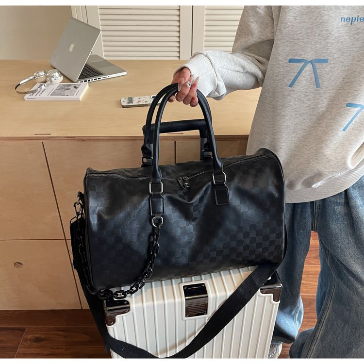 Fashionable Black Luggage Bag - Multi-functional Fitness, Travel And Weekend Vacation Handbag, Pattern Texture And Chain Decoration, Gym Luggage Bag_voghion.com