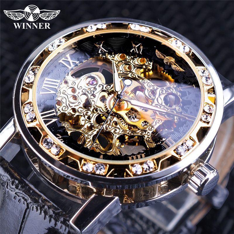 Men's Fashion Skeleton Mechanical Watch With Rhinestones - Hand-Winding Luxury Timepiece, 40mm Leather Strap, Stainless Steel Buckle_voghion.com