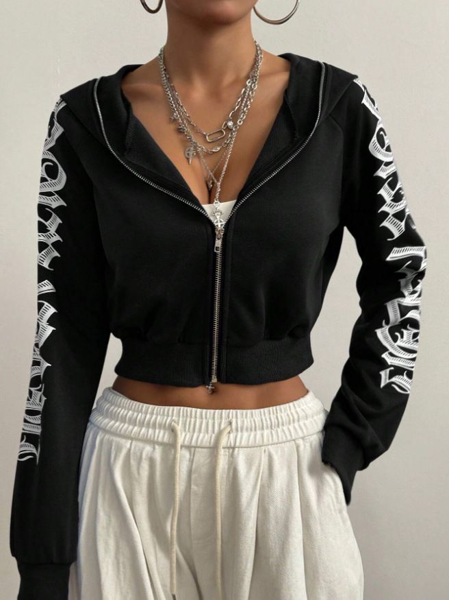 Felpa con cappuccio alla moda con zip, coulisse e stampa - Streetwear attillato e corto da donna (rosso, blu, nero) - Taglie dalla M alla 2XL_voghion.com