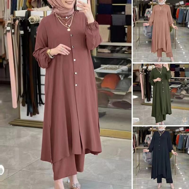 Comfortabel damespak uit het Midden-Oosten, effen kleur met paddestoelvormige knopen en elastische mouwen, moslim damespak_voghion.com