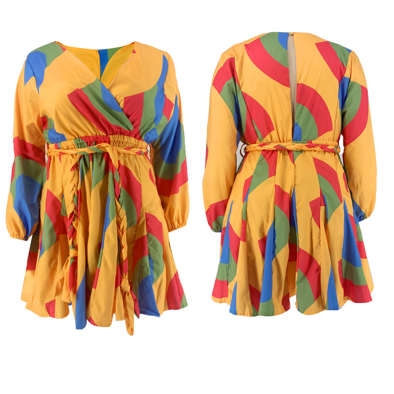 20858 Painettu V-kaula Sexy Woven Swing mekko vyöllä Naisten Plus-koon mekoihin
_voghion.com