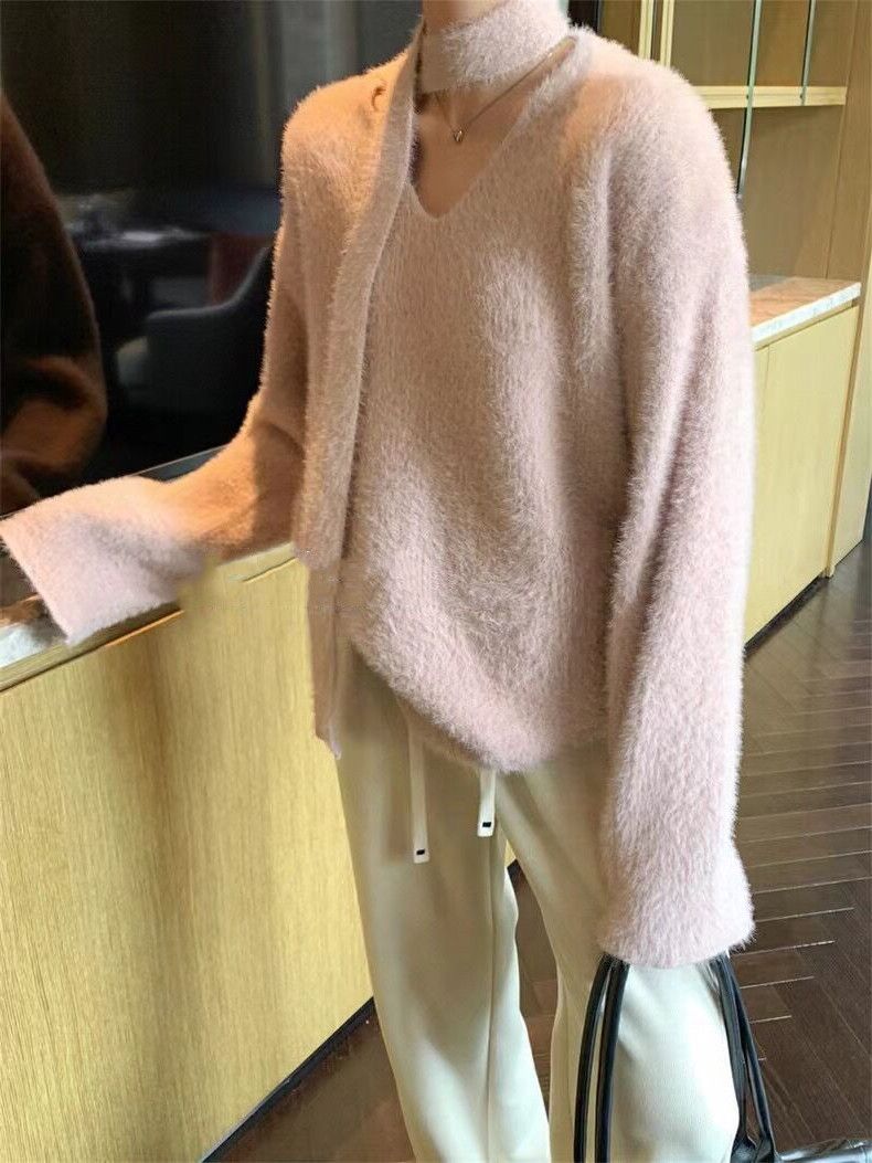 Sciarpa con scollo a V in stile coreano con pullover in pelliccia di visone, morbida maglia appiccicosa per autunno e inverno da donna_voghion.com