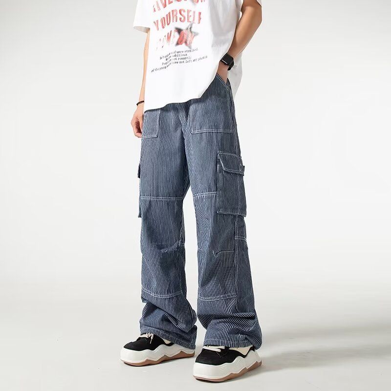 Pantaloni casual dritti retrò a gamba larga a righe blu taglie forti da uomo_voghion.com