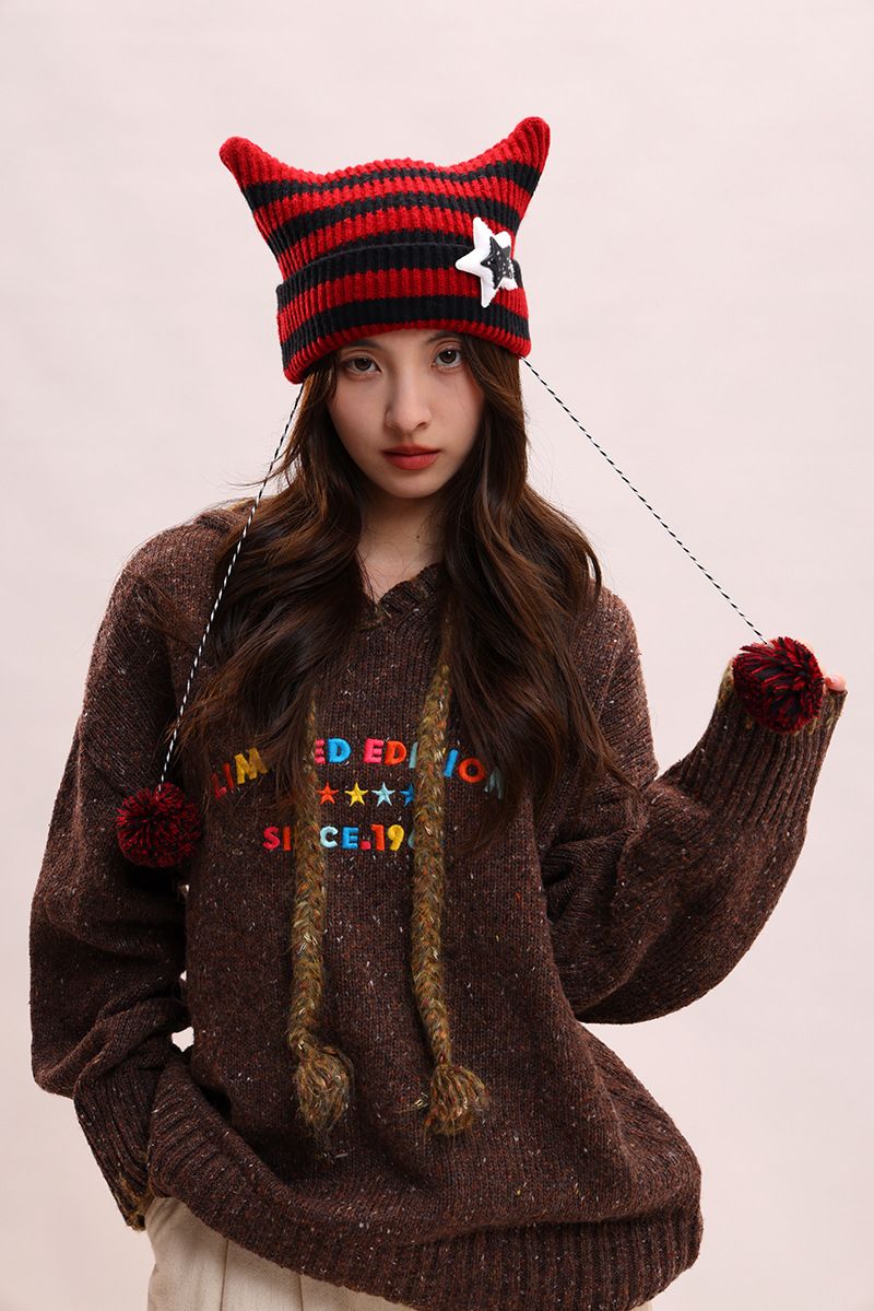 Abi-Stil handgemachte süße Fünf-Sterne-Katzenohrstreifen Dämon Wärme Abdeckung gestrickte Ball Pullover Hut weiblich_voghion.com