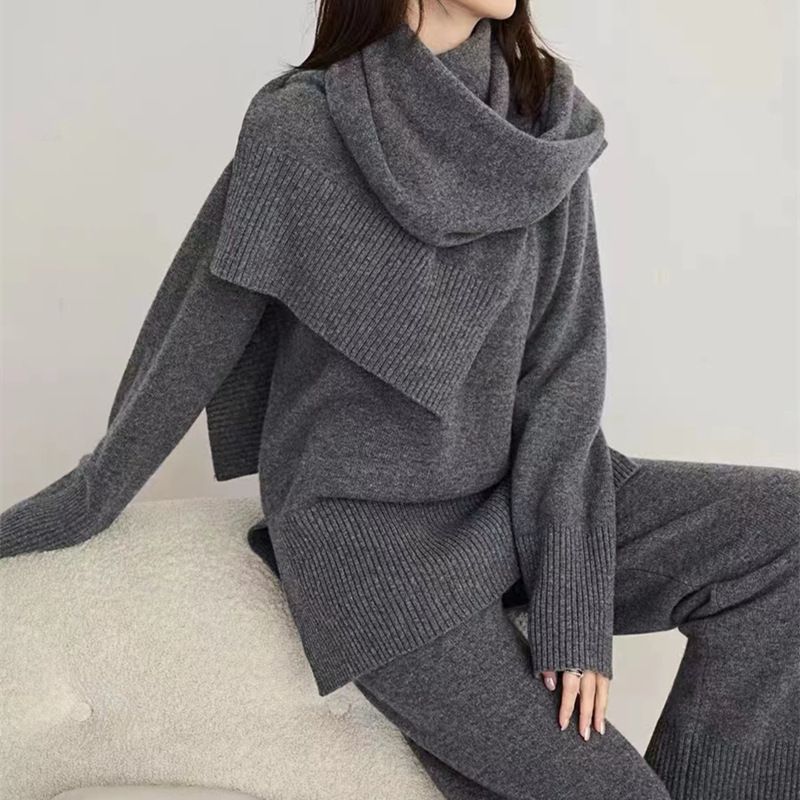 Lazy style loose fit slimming knit sweater wide leg 2024 autumn/winter new scarf top pants three piece set_voghion.com