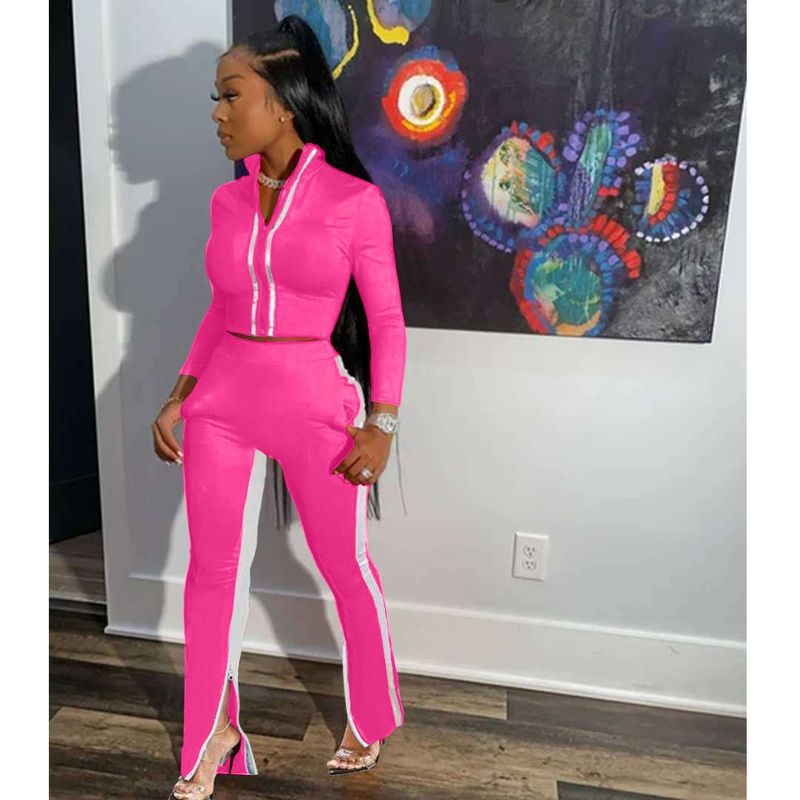 Women's trouser leg zipper split color matching sportswear suit_voghion.com
