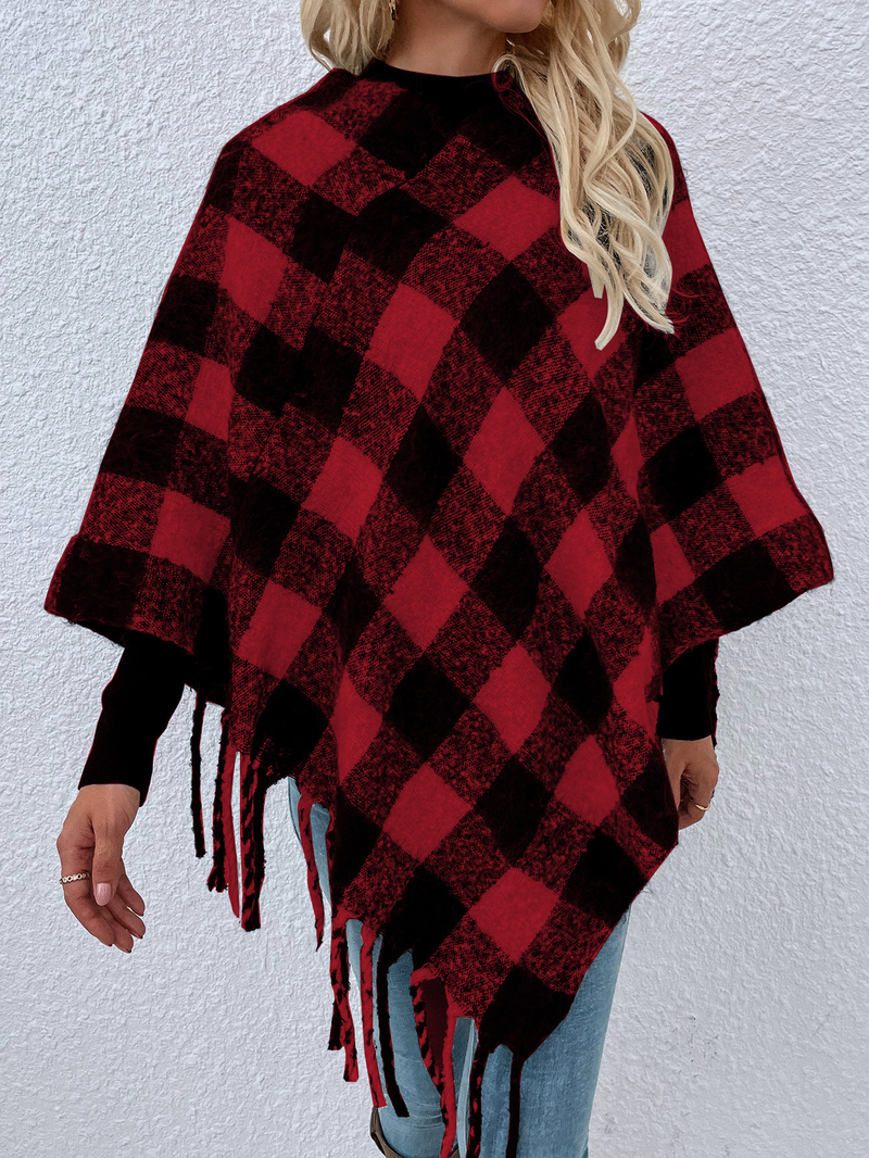 Maglieria da donna maglione a secchiello in pongee con scialle con frange a quadri mille uccelli_voghion.com