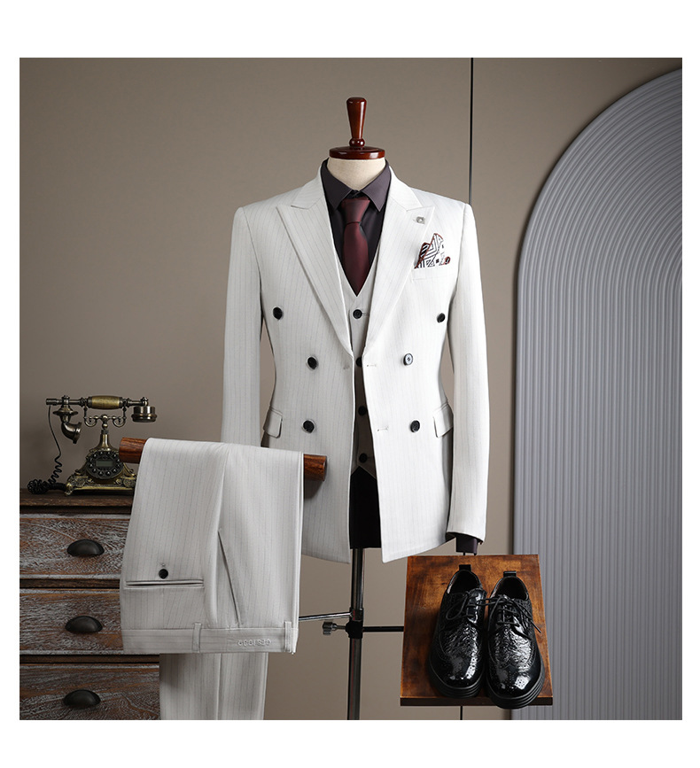 Herrenbekleidung, gestreifter Anzug, schmale Passform, zweireihig, gestreiftes Anzugset – formell und leger, Hochzeit, Business-Blazer mit Hose und Weste zur Auswahl_voghion.com