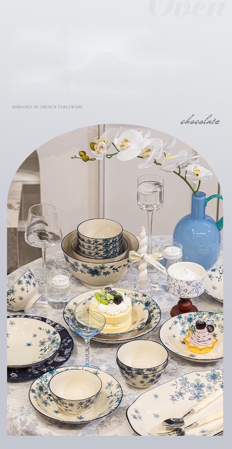 Household Floral Blue White Set Light Luxury High-Value Kitchenware Single Optional Bowl And Plate_voghion.com