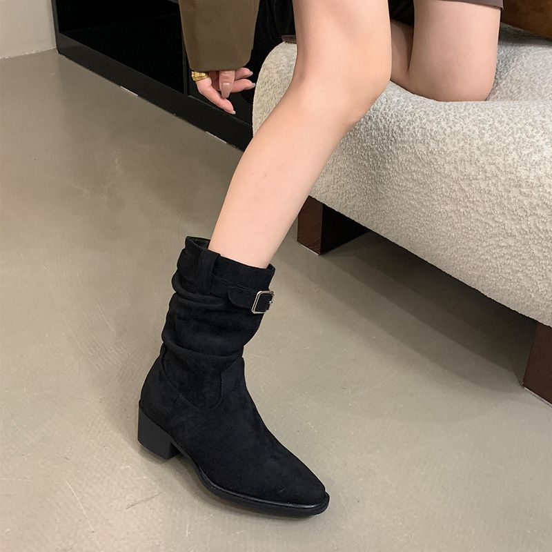 Bottes de cowboy en daim multifonctions à talon moyen, courtes et décontractées, pour l'automne et l'hiver 2025, à la mode et exquises, confortables et légères_voghion.com