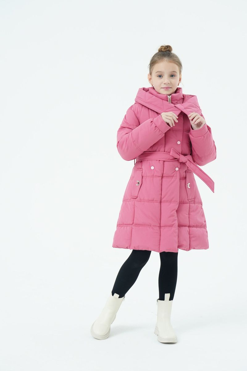 Mother & Kids Langer Puffermantel für Mädchen mit Gürtel und Kapuze – Warme Winterjacke mit Fleecefutter für Kinder (120–150 cm) – Lila/Wassermelonenrot/Schwarz_voghion.com