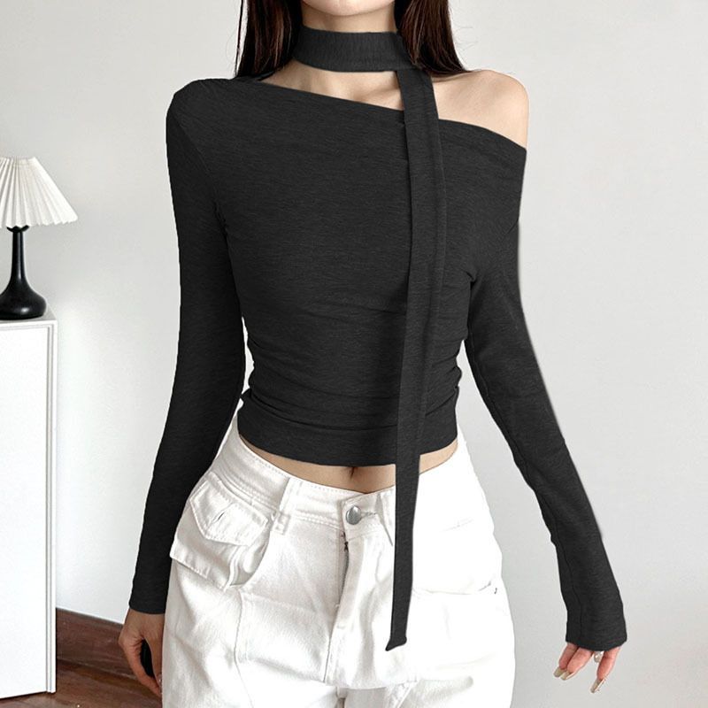 Top in maglia irregolare con nastro annodato dal design personalizzato per donna con scollo a spalle scoperte, maglietta estiva slim fit tinta unita di base_voghion.com