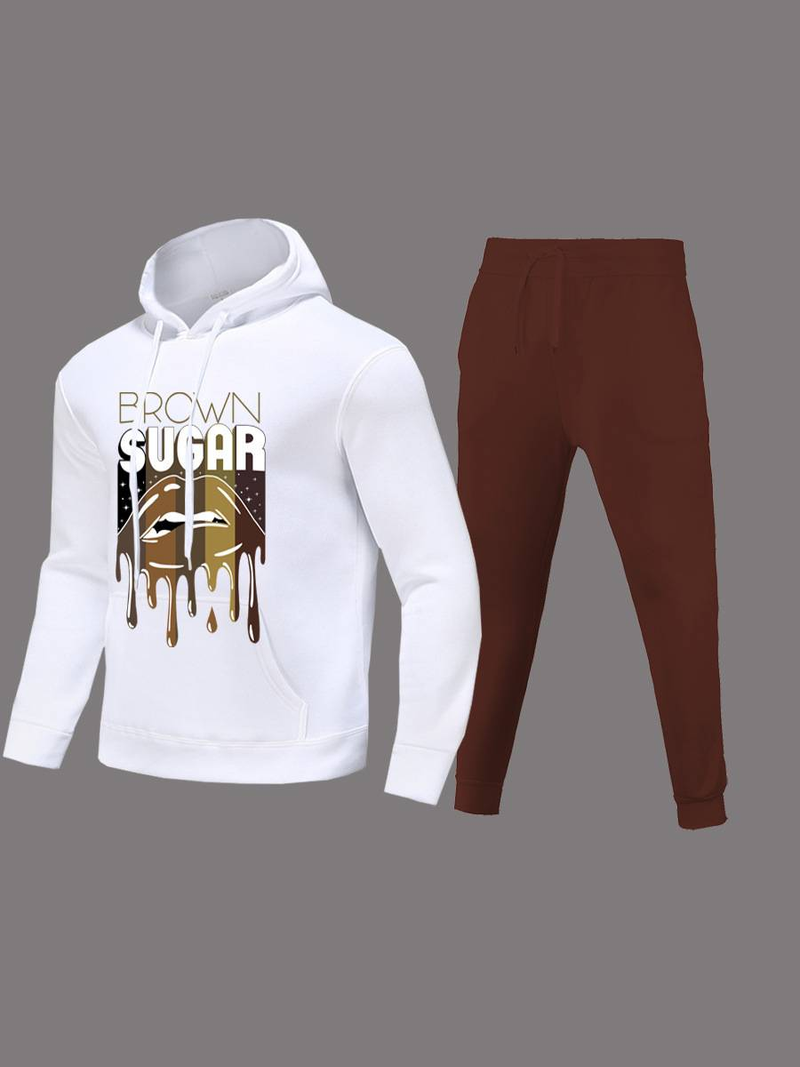Plus Size Lips Letter Print Kangaroo Pocket Tracksuit Autumn Winter Long Sleeve Hoodies & Drawstings Pants Set For Women_voghion.com
