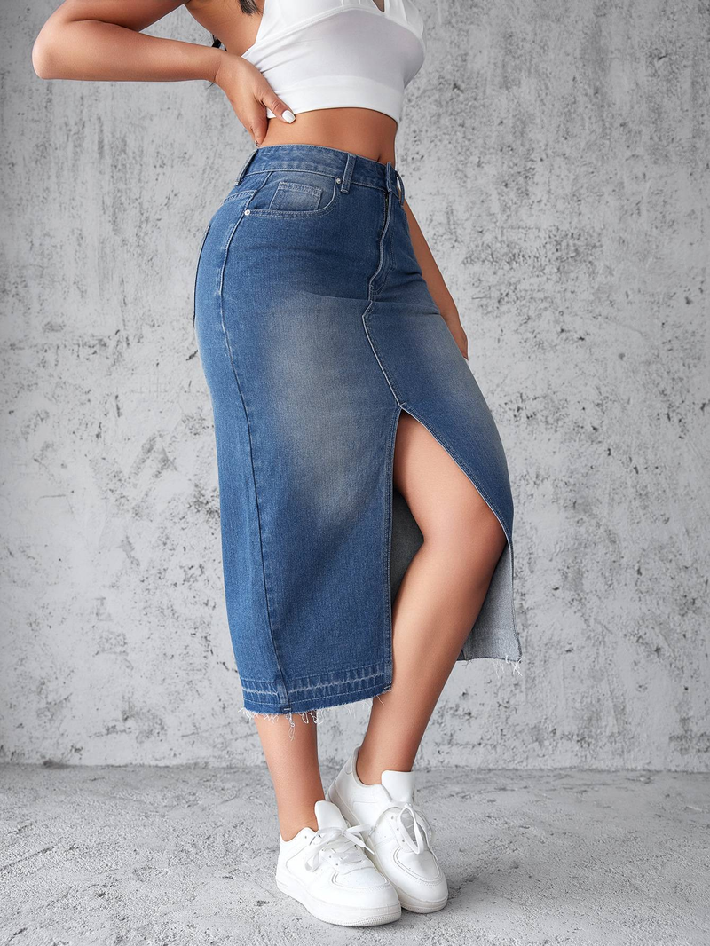 Denim Skirts Wrap Buttocks Dress Solid Washed High Waist Women Pencil Skirt Spliced Pockets Ankle Length Slim Solid Casual_voghion.com