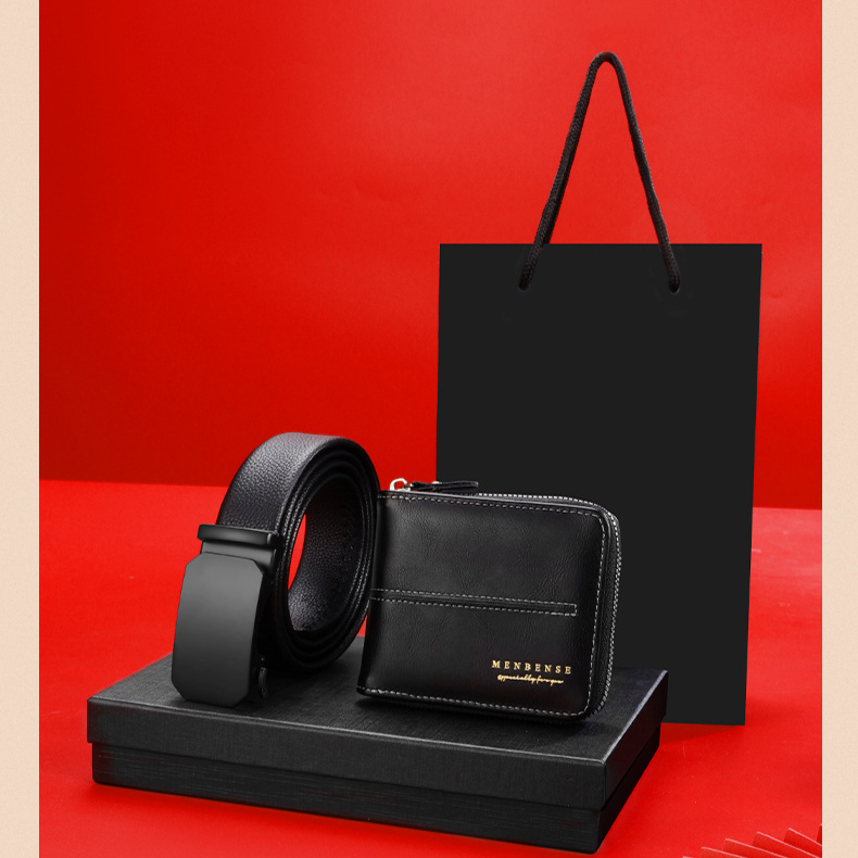 【 Presentaskset 】 Herrbältesset Plånbok med kohud, automatiskt spänne, presentask i lager_voghion.com