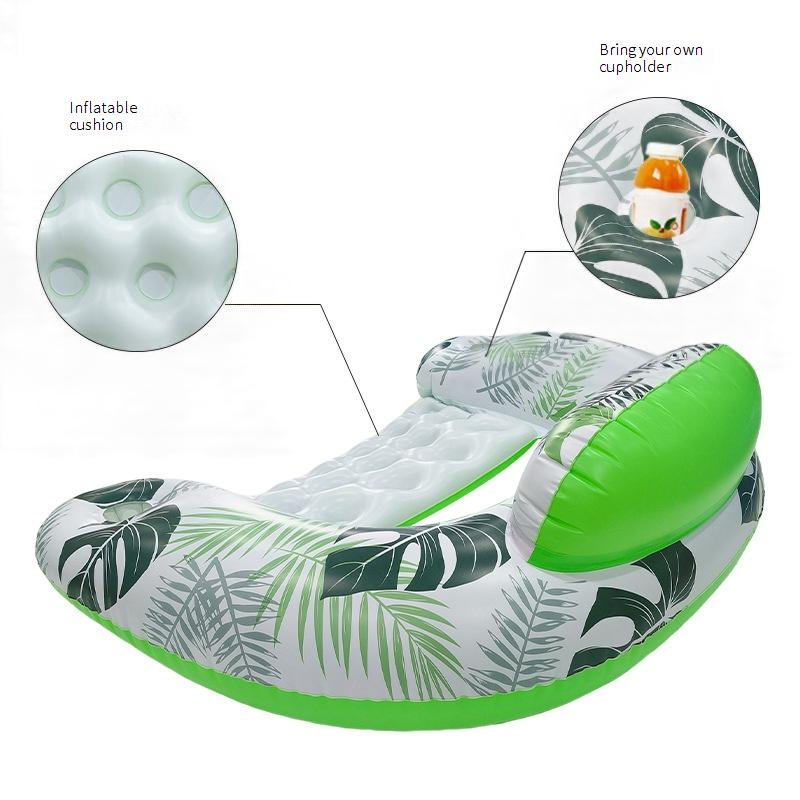 Leaf Print Inflatable Pool Seat - Thickened PVC U-Shaped Floating Lounger With Backrest & Cup Holder Single Person Water Hammock_voghion.com
