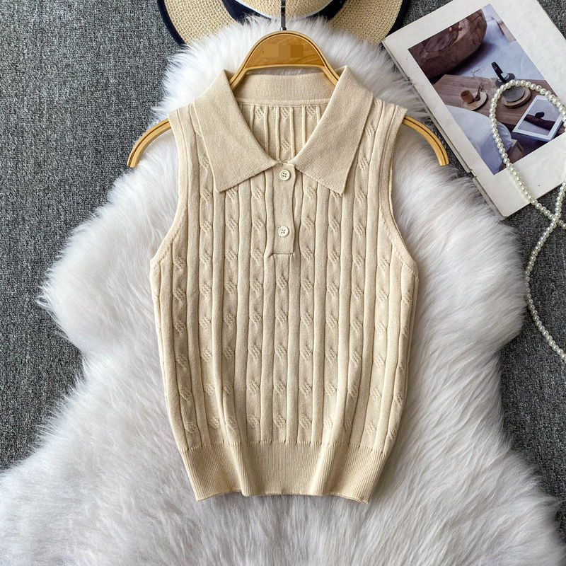Women's Clothing Twisted POLO Collar Sleeveless Knitted Vest Slim Fit Two Button Casual Top_voghion.com