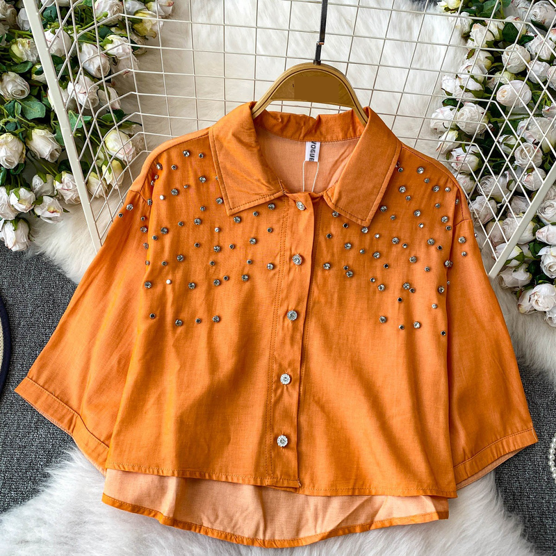 Luxe blouse met versieringen voor dames, statement revers, top met halflange mouwen, 8 levendige kleuren (zwart/groen/rood/meer) voor op kantoor en een avondje uit_voghion.com