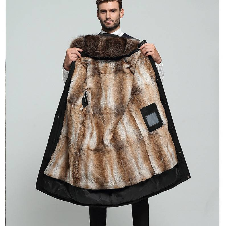 Men's Winter Parka Coat With Raccoon Fur Collar - Mid-Length Loose Fit Detachable Lining Down Jacket_voghion.com