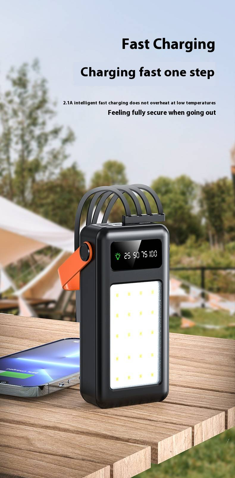 Power bank ad alta capacità da 100000 mAh con cavi integrati, caricabatterie portatile a ricarica rapida per iPhone e Android, batteria per cellulare da viaggio e campeggio all'aperto_voghion.com