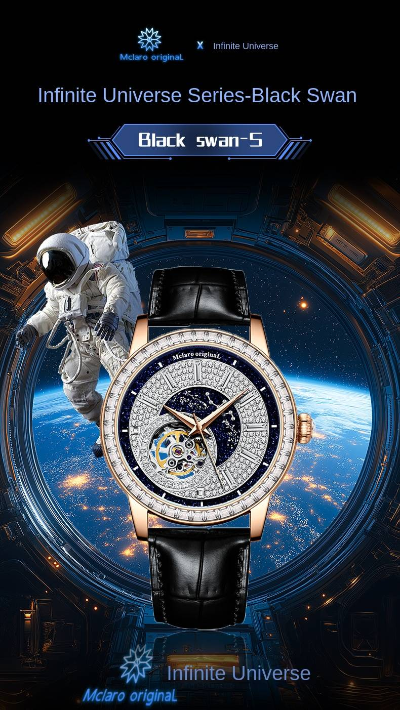 McLaro Infinite Universe Series Men's Mechanical Watch - Black Swan, Blue Diamond Dial, Genuine Leather Strap_voghion.com