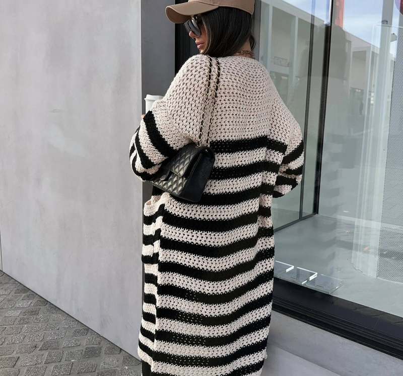 Cardigan oversize a righe – Maglione lungo in maglia con scollo a V e tasche (S-XL, lavabile in lavatrice, essenziale per il lavoro e il weekend)_voghion.com