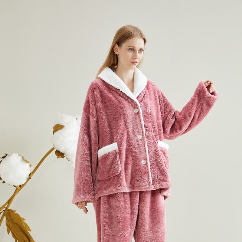 Damen-Pyjama-Set aus Korallenfleece in Übergröße, warm, langärmlig, Loungewear, Nachtwäsche mit weichem Plüsch für Zuhause und draußen_voghion.com