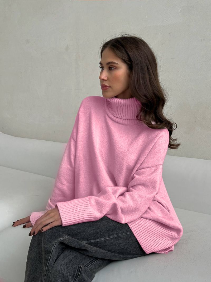 Pull oversize à col montant pour femme – Haut en tricot doux et confortable de couleur unie (vêtement décontracté basique pour l'automne et l'hiver)_voghion.com