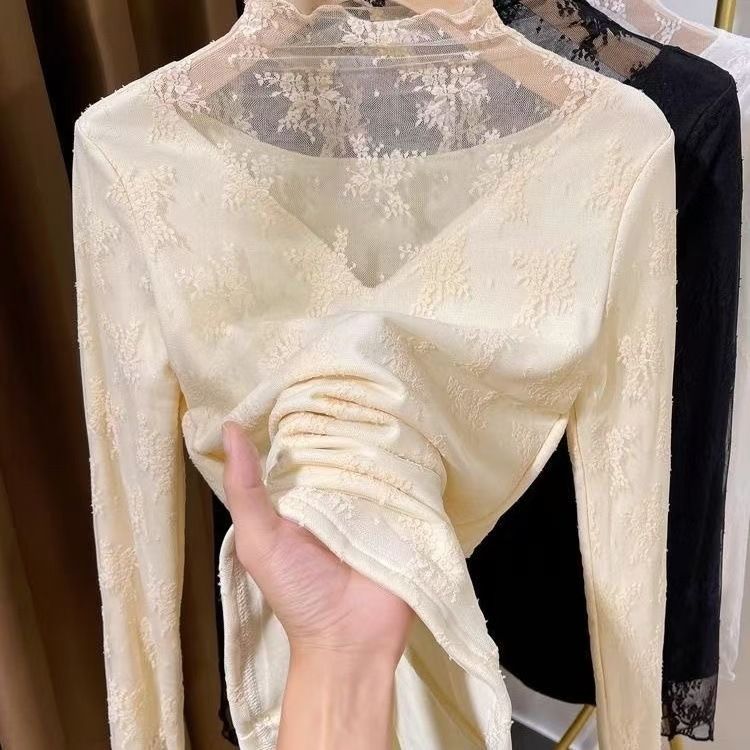 High collar plus velvet lace bottoming shirt for women new style warm and stylish inner wear small sweater layering artifact_voghion.com